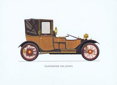 Гравюра Ariel-P Ретро автомобиль Ланчестер (Lanchester) 1908 года. Офсетная литография. Англия, Лондон, 1968 год