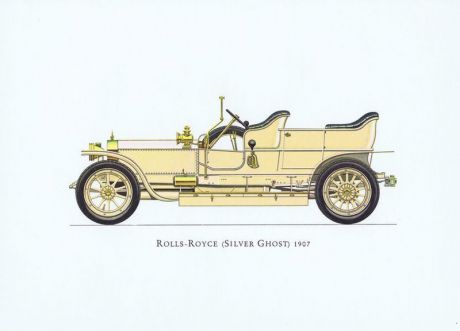 Гравюра Ariel-P Ретро автомобиль Роллс-Ройс (Rolls-Royce Silver Ghost) 1907 года. Офсетная литография. Англия, Лондон, 1968 год