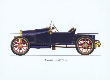 Гравюра Ariel-P Ретро автомобиль Бугатти (Bugatti Type 13) 1910 года. Офсетная литография. Англия, Лондон, 1968 год