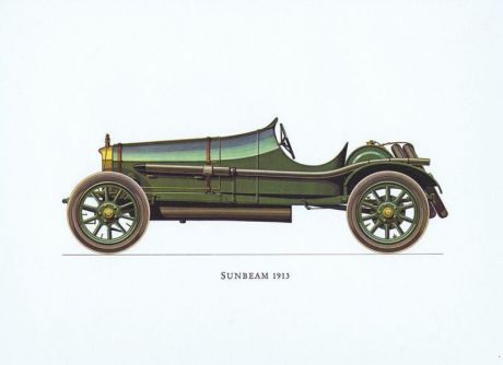 Гравюра Ariel-P Ретро автомобиль Санбим (Sunbeam) 1913 года. Офсетная литография. Англия, Лондон, 1968 год