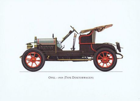 Гравюра Ariel-P Ретро автомобиль Опель Докторваген (Opel Doktorwagen) 1909 года. Офсетная литография. Англия, Лондон, 1968 год