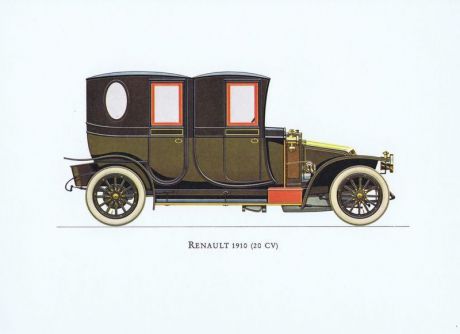 Гравюра Ariel-P Ретро автомобиль Рено (Renault) 1910 года. Офсетная литография. Англия, Лондон, 1968 год