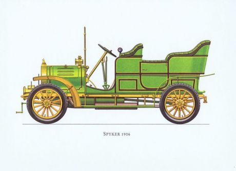 Гравюра Ariel-P Ретро автомобиль Спайкер (Spyker) 1906 года. Офсетная литография. Англия, Лондон, 1968 год