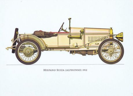 Гравюра Ariel-P Ретро автомобиль Испано Сюиза Альфонсо (Hispano Suiza Alphonso) 1912 года. Офсетная литография. Англия, Лондон, 1968 год