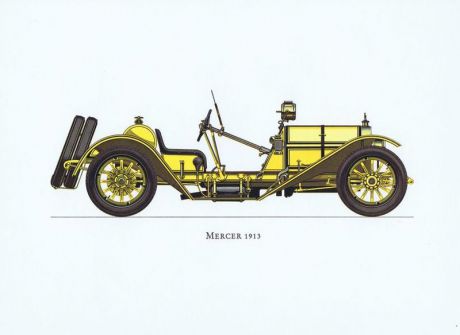 Гравюра Ariel-P Ретро автомобиль Мерсер (Mercer) 1913 года. Офсетная литография. Англия, Лондон, 1968 год