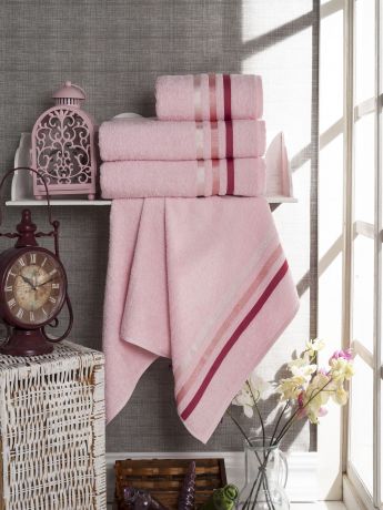 Набор банных полотенец VEVIEN Комплект полотенец махровые EKONOMIK_розовый, розовый