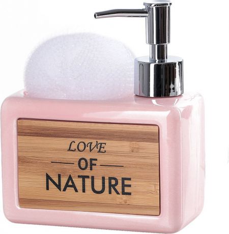 Дозатор для жидкого мыла Доляна "Природа", с подставкой для губки, 4004524, розовый