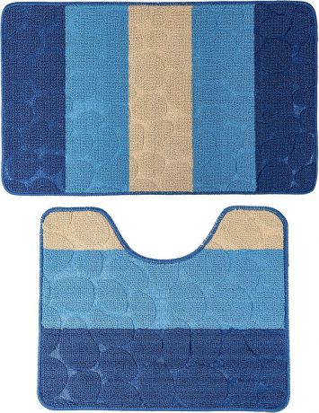 Набор ковриков для ванной Доляна "Полосатый, галька", 3904476, синий, 2 шт