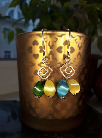 Серьги бижутерные Jewelry Gala Design 2019020, Ювелирный сплав, Кошачий глаз, голубой, зеленый, желтый, золотой