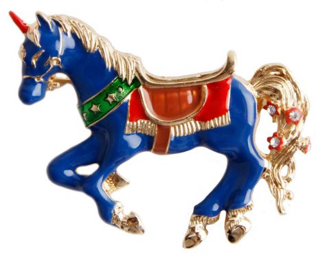Брошь бижутерная Антик Хобби "Цирковая лошадь", Бижутерный сплав, Эмаль, Кристаллы, синий, золотой, красный, коричневый, зеленый, белый