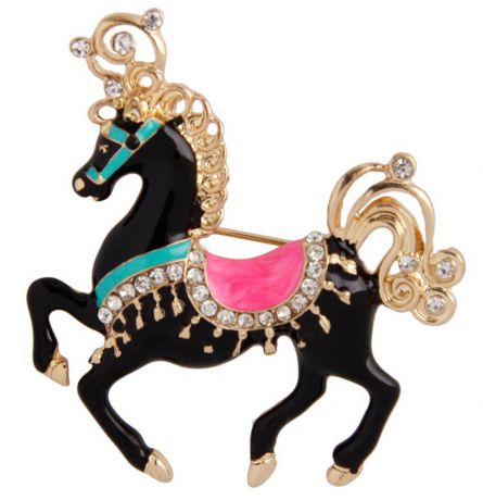 Брошь бижутерная Антик Хобби "Цирковая лошадь", Эмаль, Австрийские кристаллы, 4.5, 5, 3 см, ОС30416, золотой, черный, розовый