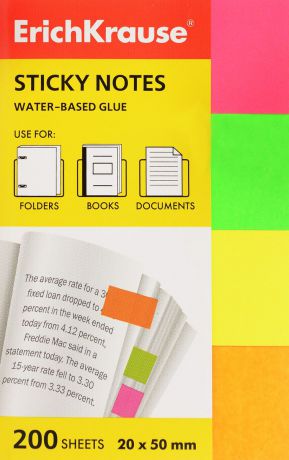 Закладки бумажные ErichKrause Neon, с клеевым краем, 20 х 50 мм, 200 листов, 4 цвета