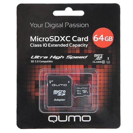 Карта памяти Qumo microSDXC Class 10 UHS-I 64GB + SD adapter