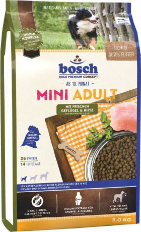 Корм сухой Bosch "Mini Adult Geflugel & Hirse" для взрослых собак мелких пород, с птицей и просо, 3 кг