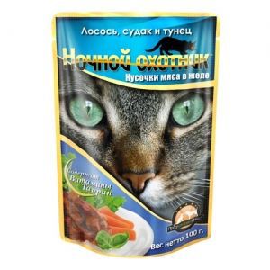 Консервы для взрослых кошек "Ночной охотник", с лососем, судаком и тунцом в желе, 100 г