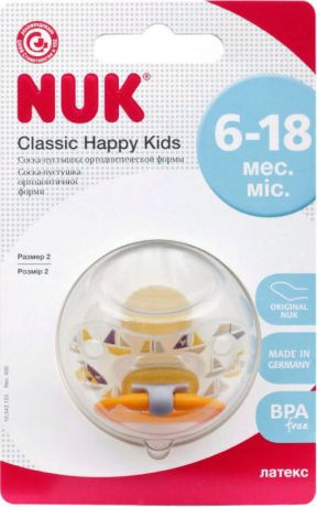 Пустышка NUK Happy Kids, латексная, от 6 месяцев, 10733765-Жёлтый