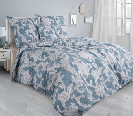 Комплект постельного белья Guten Morgen Premium Borghese, GMS-861-175-220-70, 2-спальный, наволочки 70x70, бежевый, голубой
