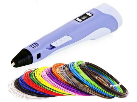 3D ручка 3D PEN-2 (цвет: фиолетовый) с набором пластика PLA 10 цветов по 10 метров и набором трафаретов для 3D ручек