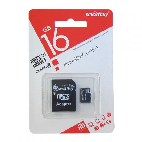 Карта памяти SmartBuy 16GB Class 10 UHS-1 + adapter, SB16GBSDCL10-01, черный