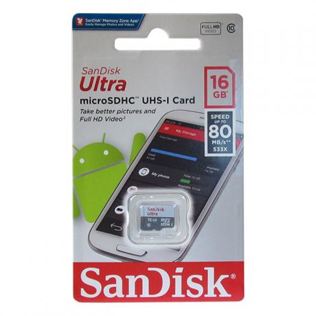 Карта памяти SanDisk Ultra microSDHC Class 10 UHS-I U1 SDSQUNS-O16G-GN3MN 16GB, цвет: черный