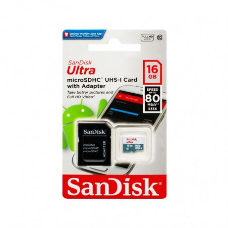 Карта памяти SanDisk MicroSD 16GB Class 10 Ultra Android UHS-I (80 Mb/s) + SD адаптер