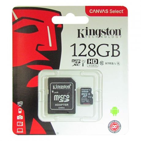 Карта памяти KingSton Canvas Select microSDHC Class 10 UHS-I U1 128GB + SD adapter