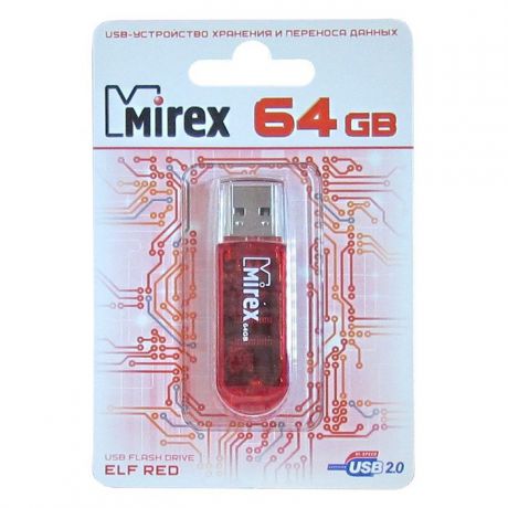 USB Флеш-накопитель Mirex ELF USB 2.0 64GB, 13600-FMURDE64, красный