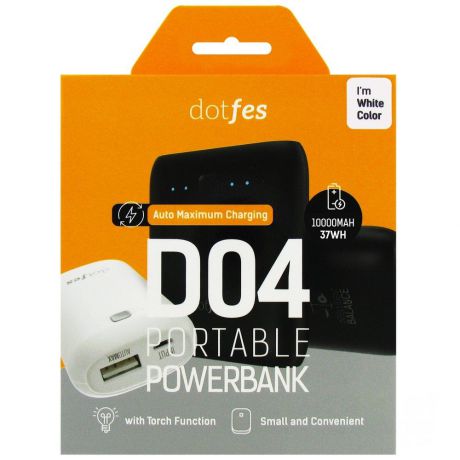 Аккумулятор внешний резервный Dotfes D04-10 10000mAh AutoMax, два USB выхода 1А / 2,1A + фонарик, white