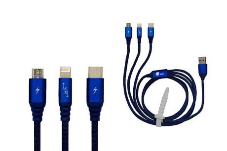 Кабель Ainy USB Micro USB Apple iPhone 5/5С/5S/6/6 Plus/iPad Mini/Air Type-C тканевый, 1 м, FA-092F, синий
