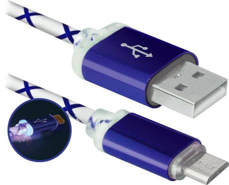 Кабель USB-MicroUSB Defender 87555, USB08-03LT USB2.0, LED, AM-MicroBM, 1м, голубой