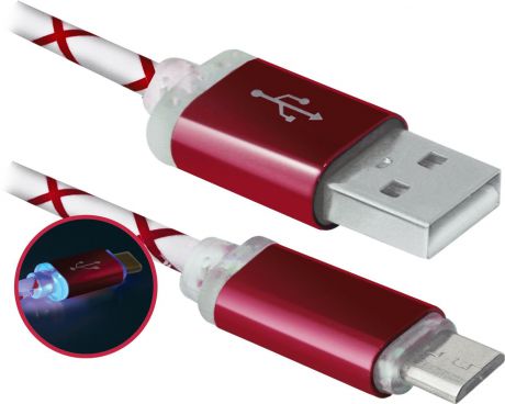 Кабель USB-MicroUSB Defender 87556, USB08-03LT USB2.0, LED, AM-MicroBM, 1м, красный