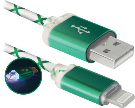 Кабель USB Defender 87553, ACH03-03LT, LED, USB-Lightning 1м, зеленый