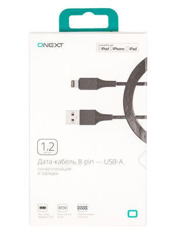 Кабель Onext lightning- USB-A, нейлон, черный