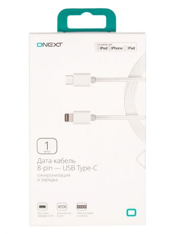 Кабель Onext 8pin Lightning- USB Type-C, 1 м, нейлон, белый