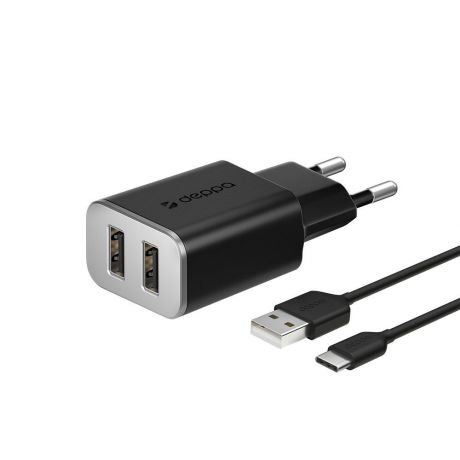 Зарядное устройство Deppa 2 USB 2.4А + кабель USB Type-C 11382