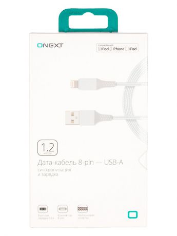 Кабель Onext lightning 8-pin - USB-A, 1,2 м, нейлон, 70608, серебристый