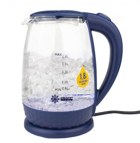Электрический чайник PROFFI PH9586, из закаленного ECO-стекла, с вращением на 360 гр, c LED подсветкой, синий, прозрачный, белый