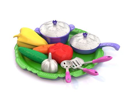 Набор овощей и кухонной посуды Нордпласт "Волшебная Хозяюшка", 624/зеленый,сиреневый, 31.5 x 31.5 x 7 см