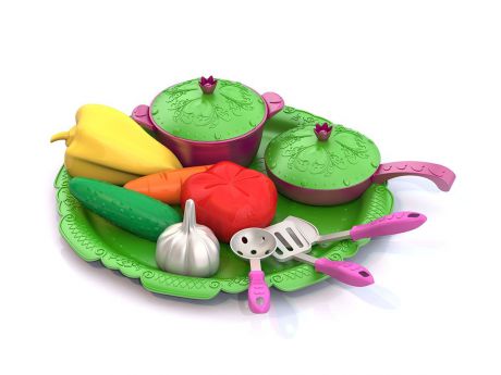 Набор овощей и кухонной посуды Нордпласт "Волшебная Хозяюшка", 624/зеленый,розовый, 31.5 x 31.5 x 7 см