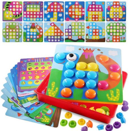 Мозаика BeeZee Toys пазл большая "Пуговицы" креативный набор: 12 трафаретов, 45 кнопок, игра для малышей