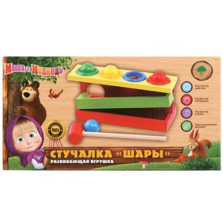 Игрушка деревянная Буратино "Маша и Медведь" стучалка-шары, 265683, разноцветный