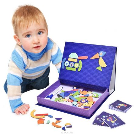 Обучающая игра Beezee toys Креативный пазл Формы и Фигуры, с маркером, чемодан-книжка, 70 магнитов и развивающих карточек фиолетовый