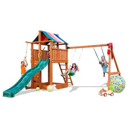 Игровой набор для детской площадки: домик с тентом, горка с лестницей, песочница, канат, веревочная лестница, скалолазная доска и 2 качели