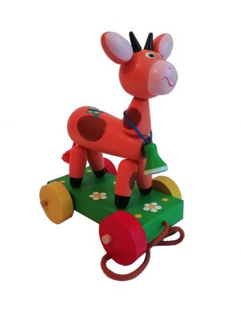 Игрушка-каталка Климо "Бычок" деревянная (ручной работы) зеленый, оранжевый