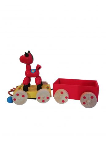 Игрушка-каталка Климо "Лошадка с прицепом" деревянная (ручной работы) красный, желтый