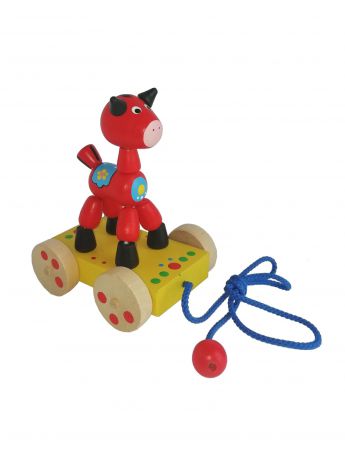 Игрушка-каталка Климо "Лошадка" деревянная (ручной работы) красный, желтый