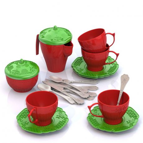 Игровой набор Нордпласт Набор посуды "Чайный сервиз "Волшебная Хозяюшка" (24 предмета в сетке) Нордпласт, 613/, 613/_красный,зеленый красный, зеленый