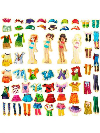 Игровой набор BeeZee Toys Магнитные деревянные куклы 4 штуки, с набором одежды 69 деталей, "МОДНИЦЫ", одевашки, игра для девочек разноцветный