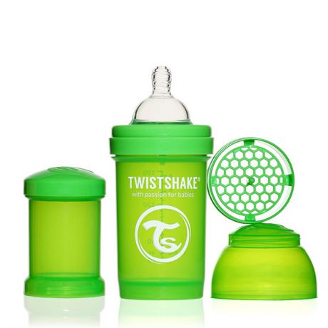 Twistshake Бутылочка для кормления 180 мл с контейнером для сухой смеси и соской 0+, зеленая