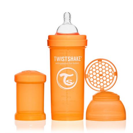 Twistshake Бутылочка для кормления 260 мл с контейнером для сухой смеси и соской 2+, оранжевая